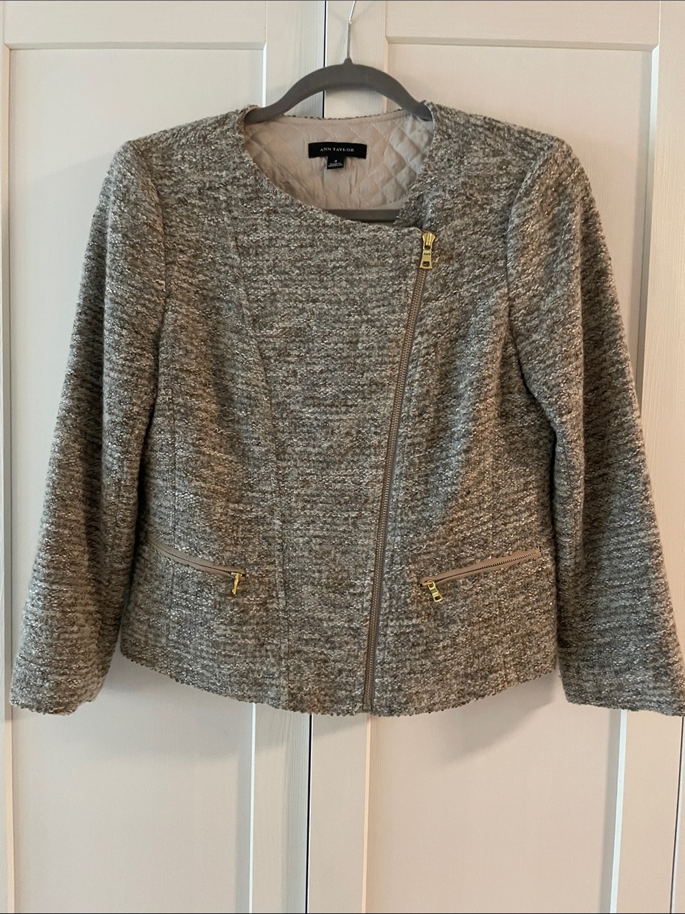 Ann Taylor Heather Gray Tweed Asym Zip Blazer